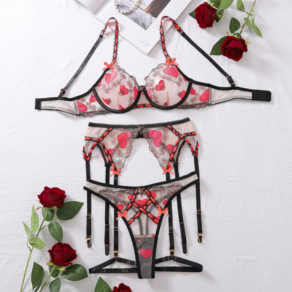 Women Sexy Lingerie Mesh Embroidery Printing Patchwork Micro Perspective Waistband Garter Belt Sexy Lingerie 3 Piece Set