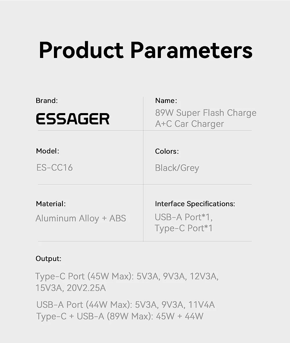 Essager USB C Car Charger 89W 2 Ports Super Fast Charge PD QC 3.0 Car Phone Charger For iPhone 15 Xiaomi Huawei Oneplus Realme