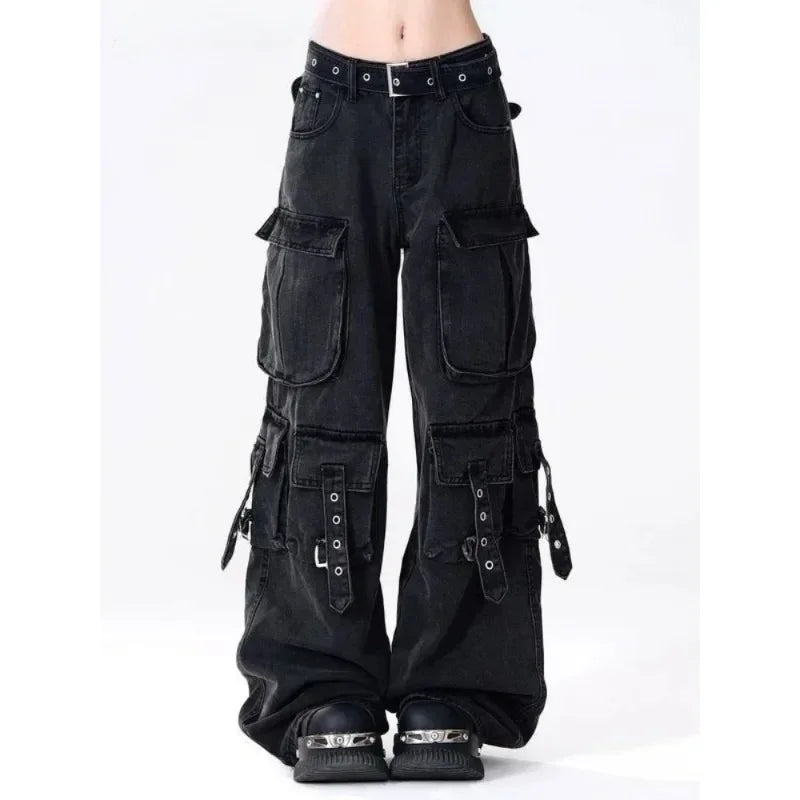 PB&ZACargo Straight Leg Jeans Women Y2k Harajuku Baggy Retro Do Old Belt Korean High Waist Denim Pants Hip Hop Slouchy Jeans