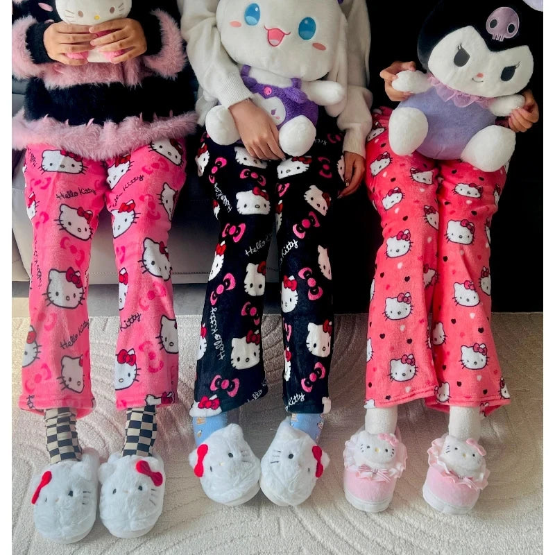 Sanrio Hello Kitty Flannel Pajamas Y2k Kawaii Anime Women'S Warm
