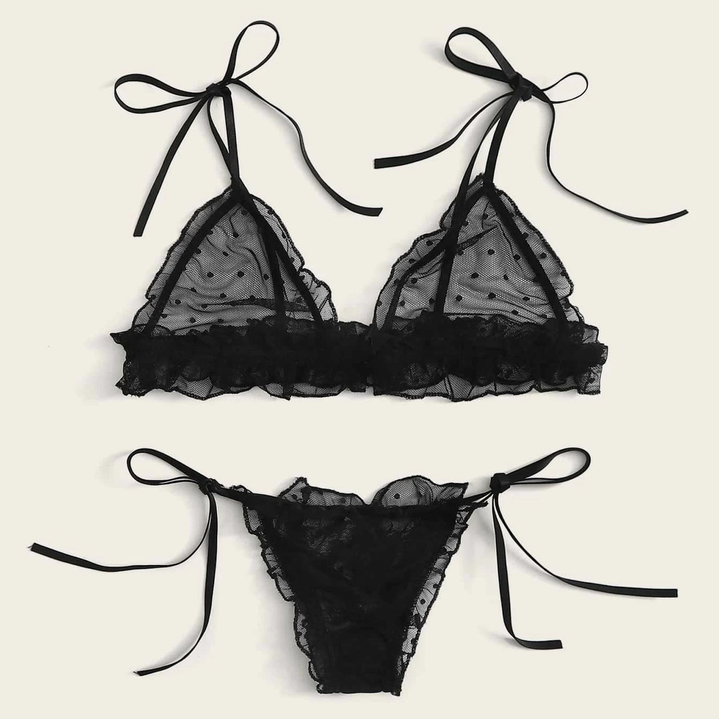 Female Underwear Sexy lingerie Set For Women Plus Size Dot Mesh Lace Wireless Bra Sexy Bandage Lingerie Thong Set Underwear