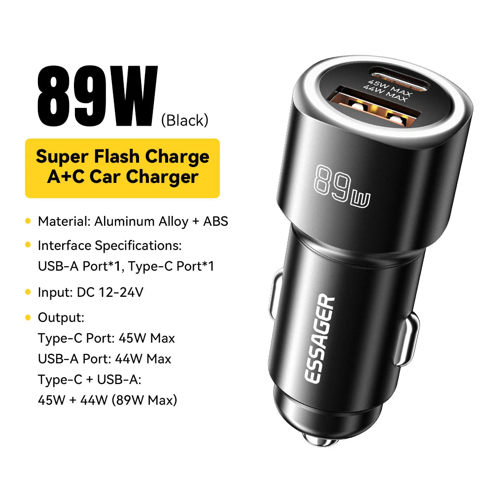 Essager USB C Car Charger 89W 2 Ports Super Fast Charge PD QC 3.0 Car Phone Charger For iPhone 15 Xiaomi Huawei Oneplus Realme