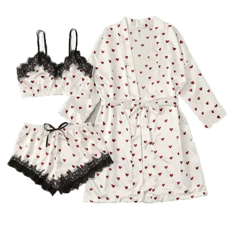 Women 2PCS/3Pcs Satin Ice Silk Pajama Set Heart Print Lace Sleeping Skirt Seamless Sexy Lingerie Homewear Pajama Short Sleepwear