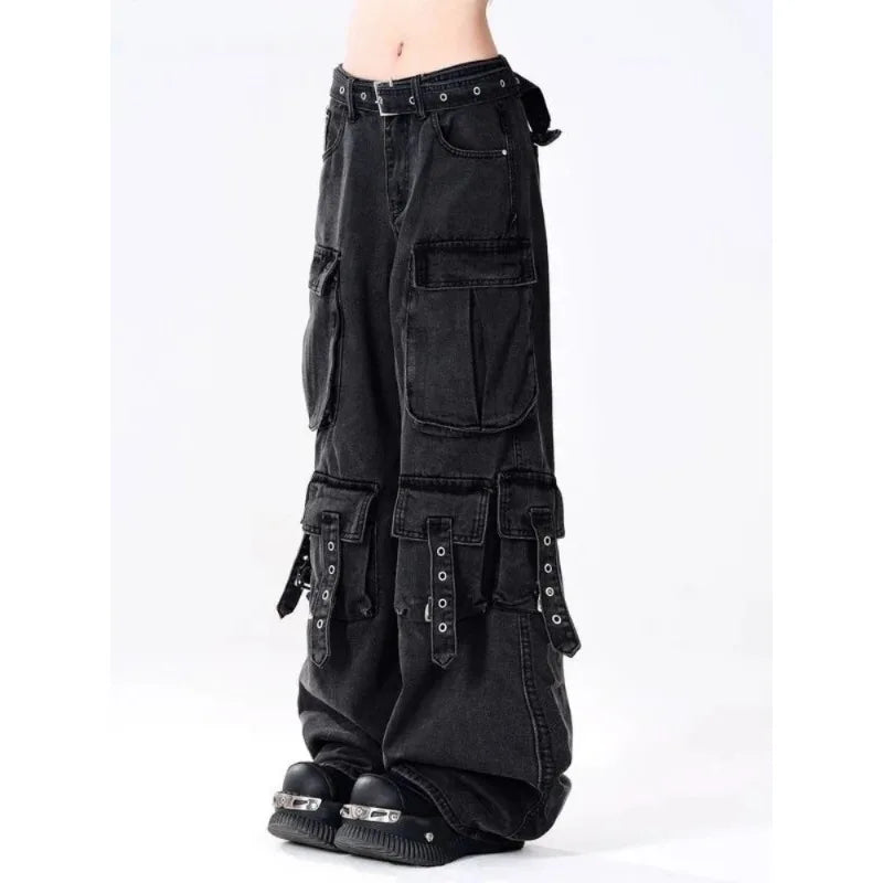 PB&ZACargo Straight Leg Jeans Women Y2k Harajuku Baggy Retro Do Old Belt Korean High Waist Denim Pants Hip Hop Slouchy Jeans