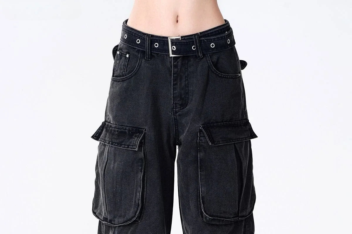 PB&ZACargo Straight Leg Jeans Women Y2k Harajuku Baggy Retro Do Old Belt Korean High Waist Denim Pants Hip Hop Slouchy Jeans