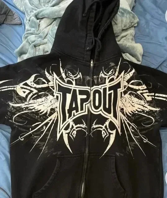 Streetwear Tapout Zipper Hoodie Y2K Clothes Women Men Retro Graphic Hip Hop Letter Oversized Hoodie Sweatshirt Punk Rock Jacket