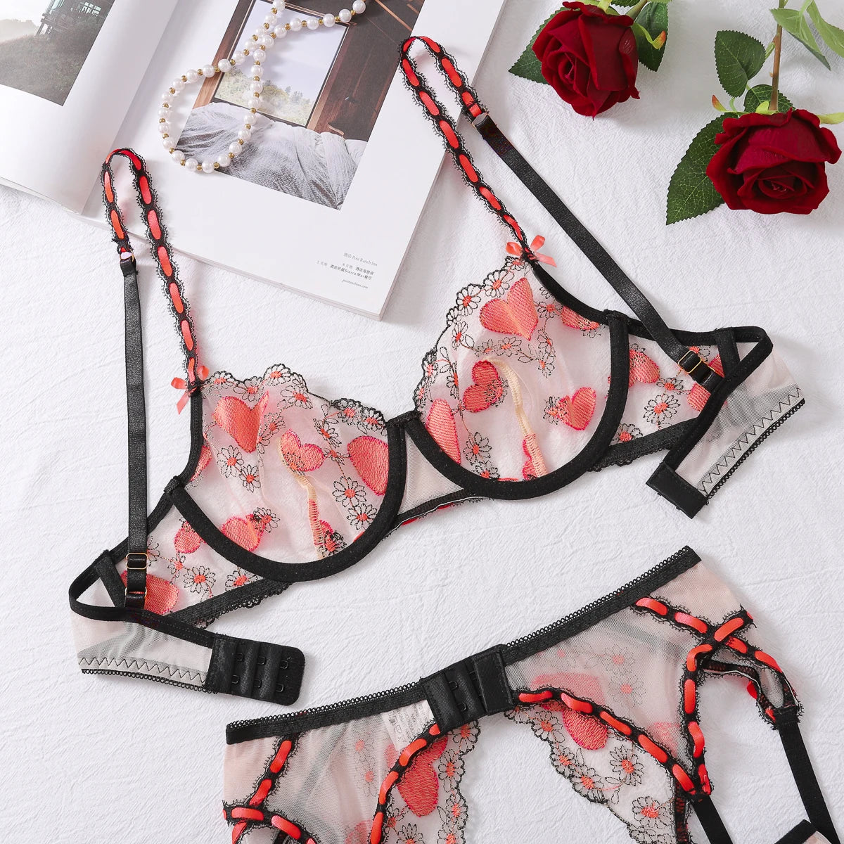 Women Sexy Lingerie Mesh Embroidery Printing Patchwork Micro Perspective Waistband Garter Belt Sexy Lingerie 3 Piece Set