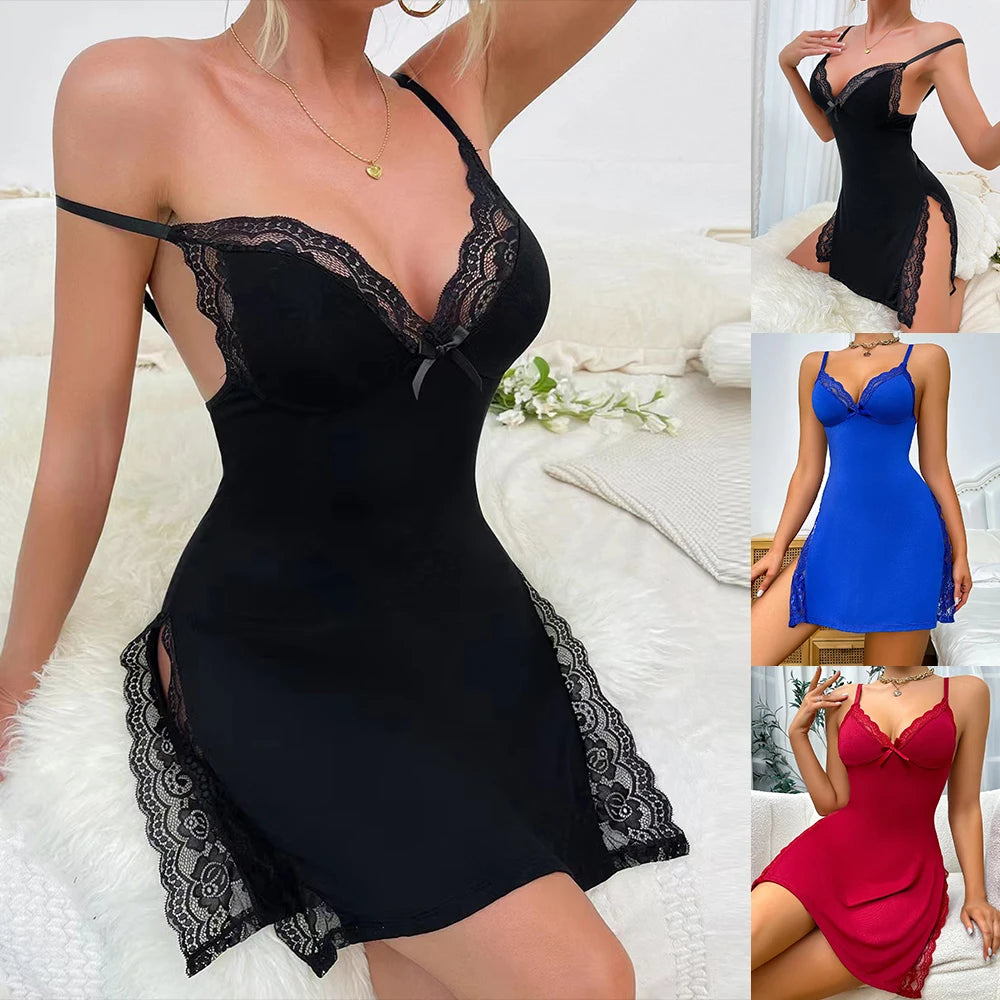 Women Sexy Lingerie Solid Lace Deep-V Slit Babydoll Dress Backless Suspenders Nightdress For ladies Bow Exotic Nightwear Pajamas