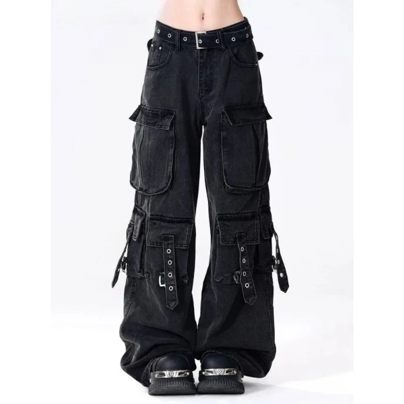 PB&ZACargo Straight Leg Jeans Women Y2k Harajuku Baggy Retro Do Old Belt Korean High Waist Denim Pants Hip Hop Slouchy Jeans