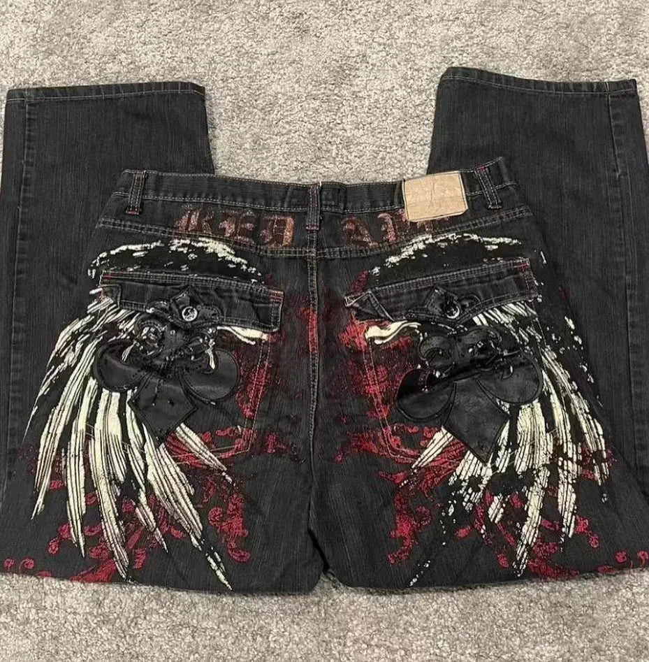 Y2K American Trendy Jeans Retro Gothic Graphic Embroidery Loose men s Jeans Harajuku Hip Hop Street Wide Leg Jeans Pants