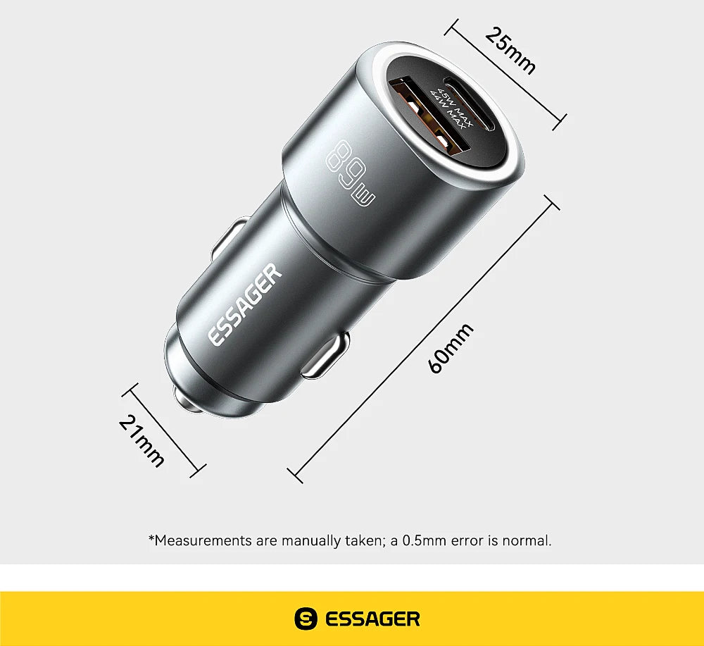 Essager USB C Car Charger 89W 2 Ports Super Fast Charge PD QC 3.0 Car Phone Charger For iPhone 15 Xiaomi Huawei Oneplus Realme