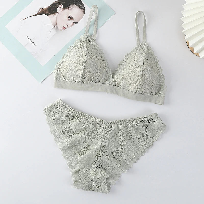 Women Bra Set Lace Women's Underwear Sexy Lingerie Set Low Waist Briefs Vneck Embroidery Brassiere Panties Set Female Intimates