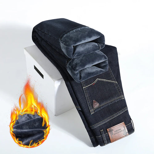 HIQOR Winter Fleece Thick Jeans Men Business Casual Straight Trousers