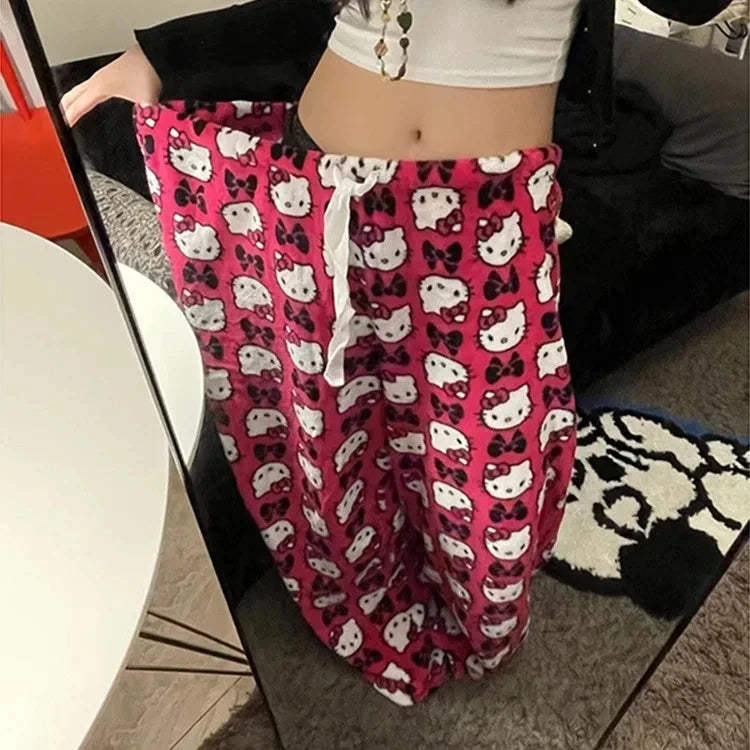 Sanrio Hello Kitty Flannel Pajamas Y2k Kawaii Anime Women'S Warm