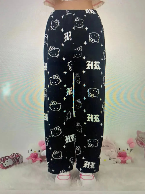 Sanrio Hello Kitty Flannel Pajamas Y2k Kawaii Anime Women'S Warm