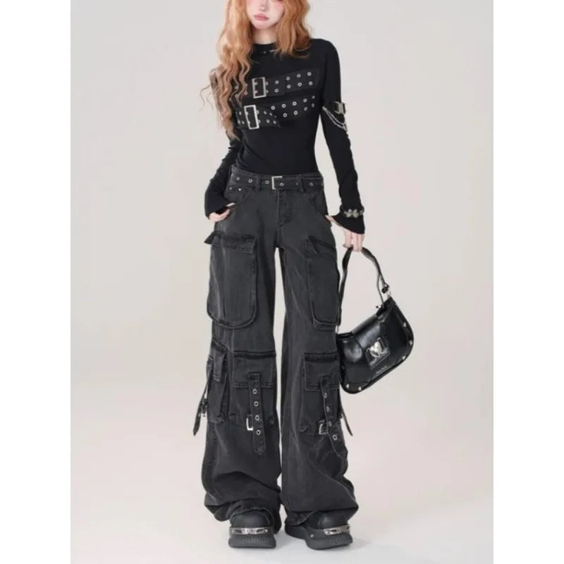 PB&ZACargo Straight Leg Jeans Women Y2k Harajuku Baggy Retro Do Old Belt Korean High Waist Denim Pants Hip Hop Slouchy Jeans