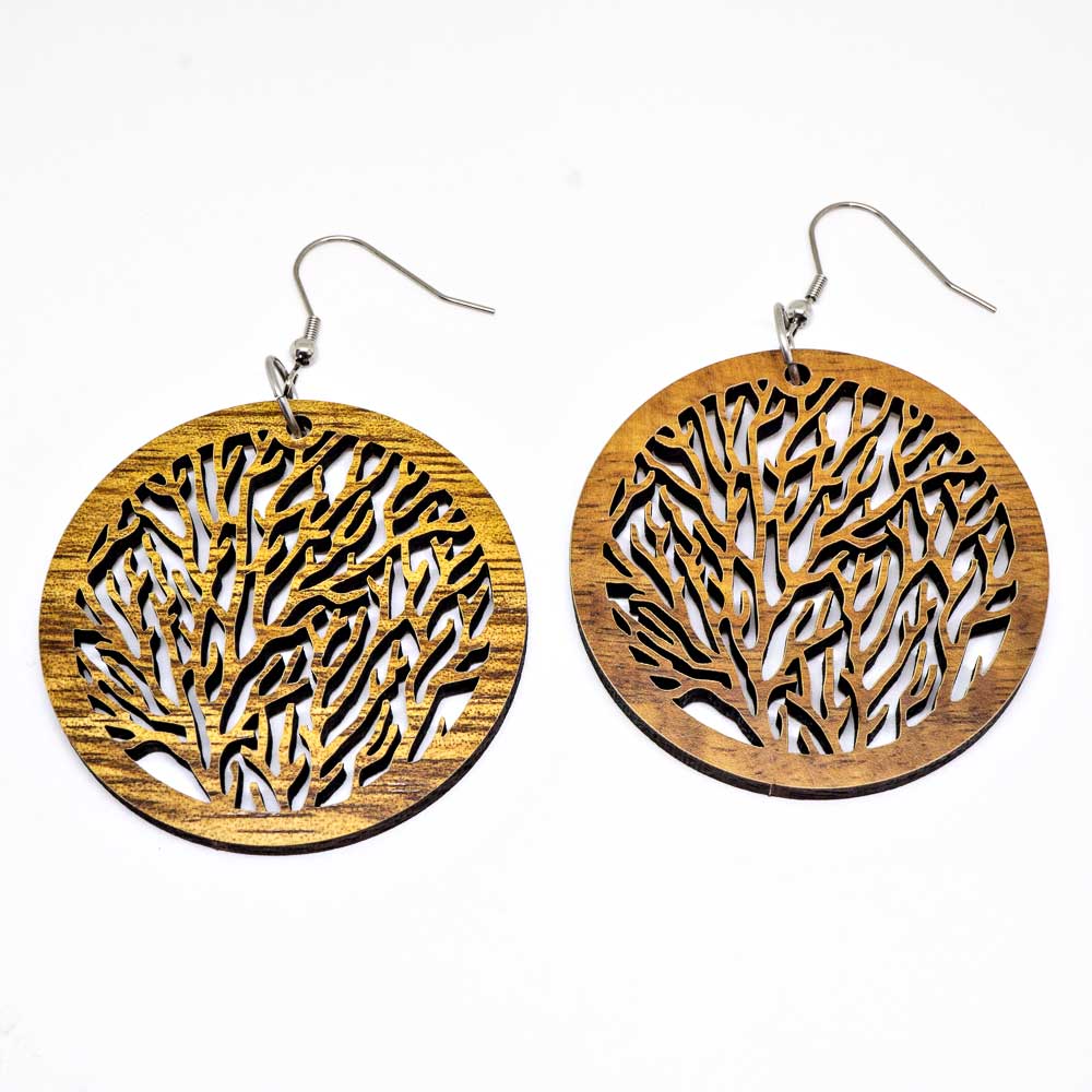 925 Sterling Koa Wood Abalone Hook Earring - Monstera Leaf