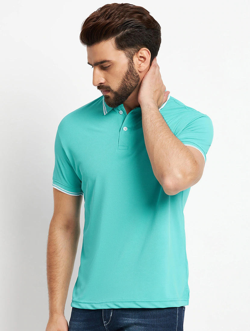 Mens Solid Polo T-Shirt Striped Design Finish (Size-Xl) (Color-Sea