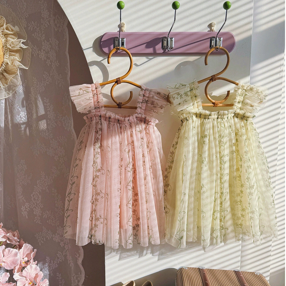 Summer Arrival Floral Pattern Fly Sleeves Tulle Dress for Stylish
