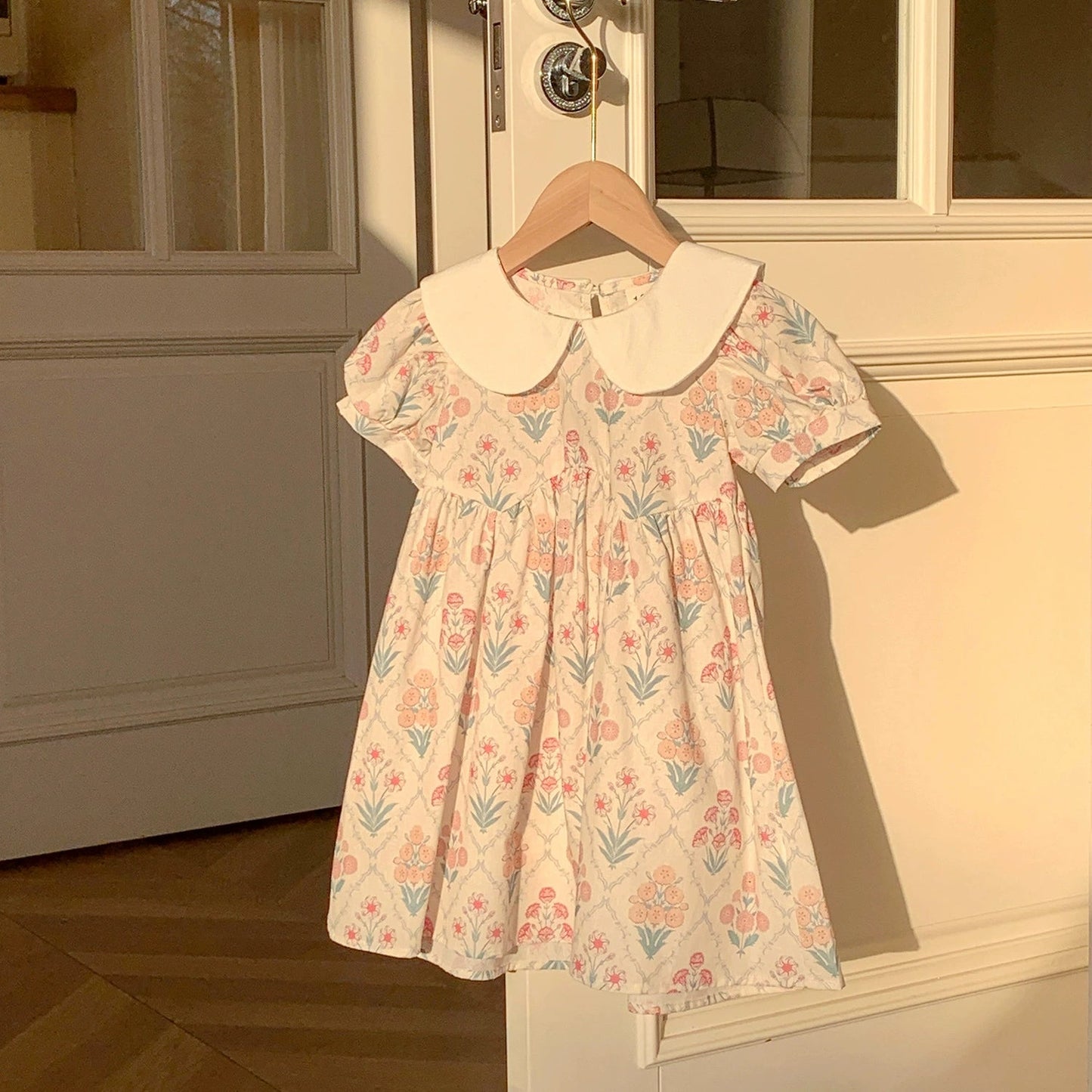 Summer Arrival Baby Kids Girls Cute Short Sleeves Argyle Floral Dress