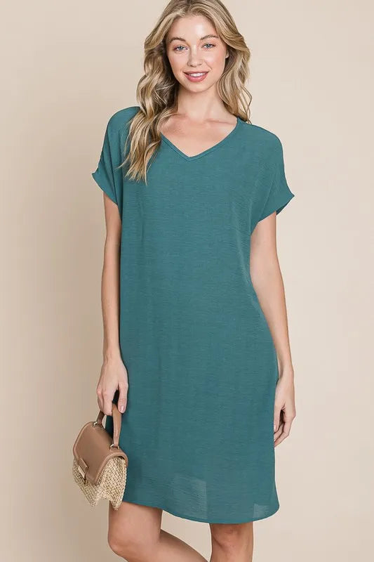 BOMBOM V-Neck Short Sleeve Dress with Pockets