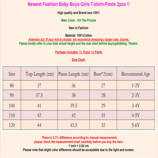 100% Cotton Kids Boy Girl Clothing Sets 2Pcs