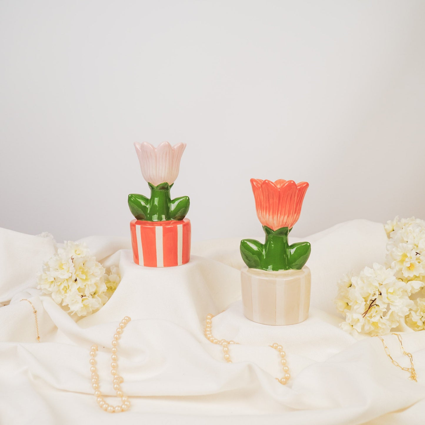 Candle Holder - Tulip - Stoneware- Orange/Pink- 9x8,5x17,5cm