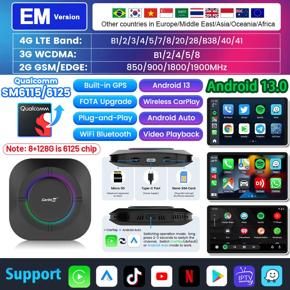 2025 Carlinkit Ai Box LED Android Wireless Carplay adapter Android 13 Qualcomm 6115 8-cores 64G Smart Tv Box For Netflix IPTV