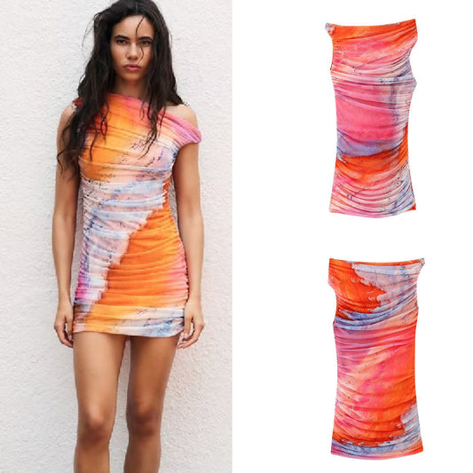 Summer Pleated Tulle Dress For Women Fashion Beach Style Asymmetrical
