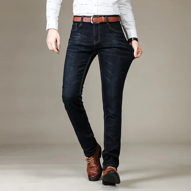 Autumn Classic Men's Fitted Stretch Jeans Business Casual Cotton Denim