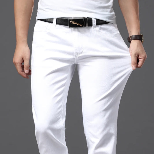 Men White Jeans Fashion Casual Classic Style Slim Fit Soft Trousers