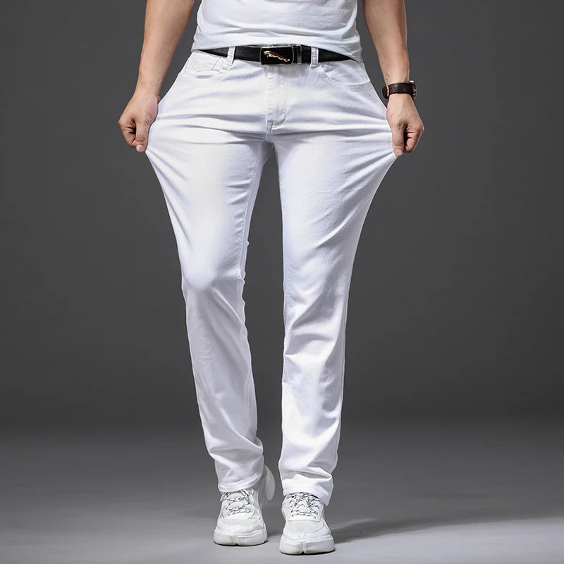 Men White Jeans Fashion Casual Classic Style Slim Fit Soft Trousers