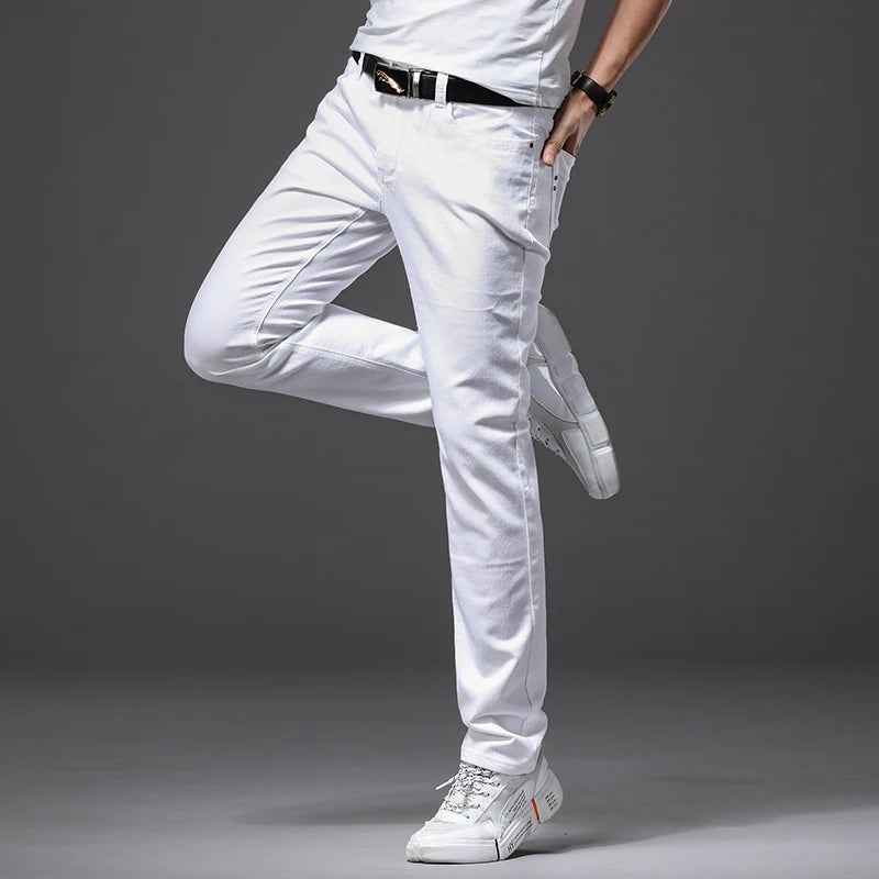 Men White Jeans Fashion Casual Classic Style Slim Fit Soft Trousers