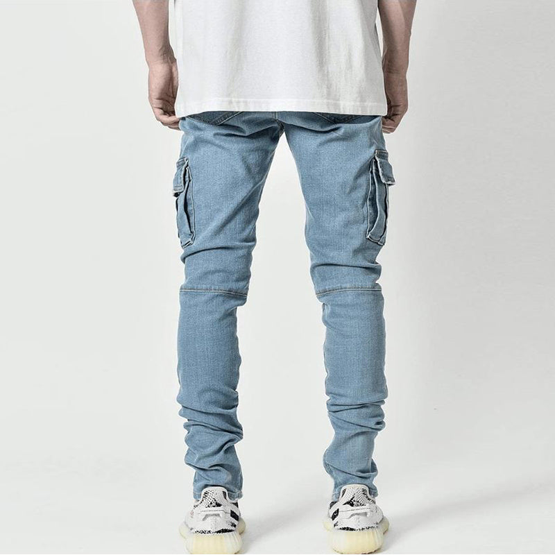 Jeans Men Pants Wash Solid Color Multi Pockets Denim Mid Waist Cargo