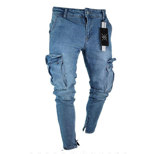 Jeans Men Pants Wash Solid Color Multi Pockets Denim Mid Waist Cargo