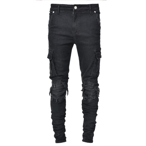 Jeans Men Pants Wash Solid Color Multi Pockets Denim Mid Waist Cargo