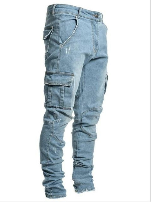 Jeans Men Pants Wash Solid Color Multi Pockets Denim Mid Waist Cargo