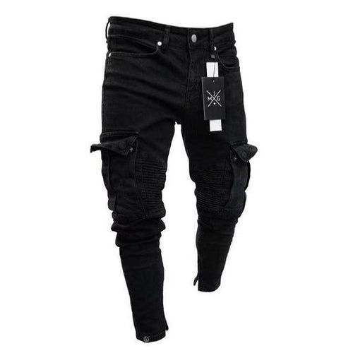 Jeans Men Pants Wash Solid Color Multi Pockets Denim Mid Waist Cargo