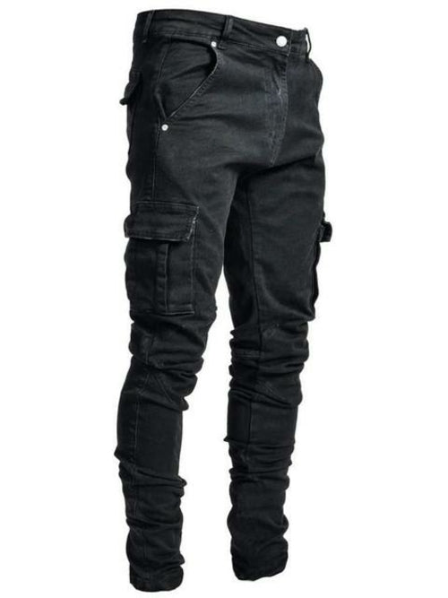Jeans Men Pants Wash Solid Color Multi Pockets Denim Mid Waist Cargo