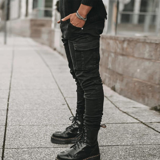 Jeans Men Pants Wash Solid Color Multi Pockets Denim Mid Waist Cargo