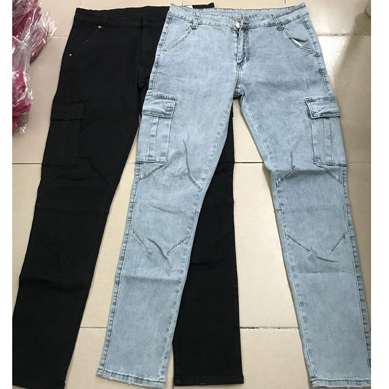 Jeans Men Pants Wash Solid Color Multi Pockets Denim Mid Waist Cargo