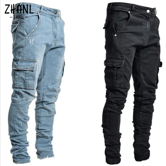 Jeans Men Pants Wash Solid Color Multi Pockets Denim Mid Waist Cargo