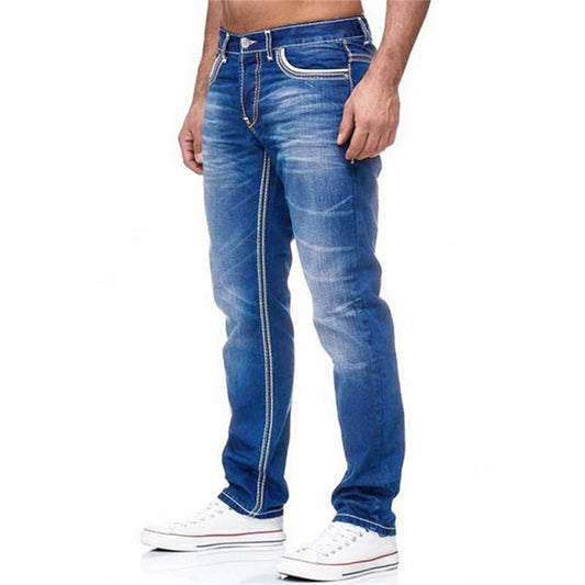 Men Jeans Solid Pockets Stretch Denim Straight Pants Spring Summer