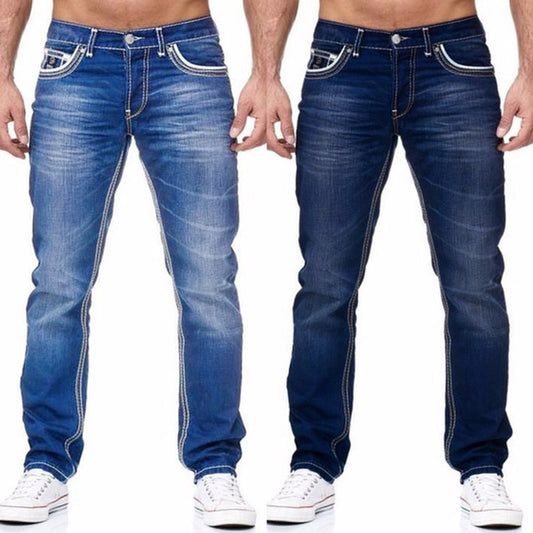 Men Jeans Solid Pockets Stretch Denim Straight Pants Spring Summer