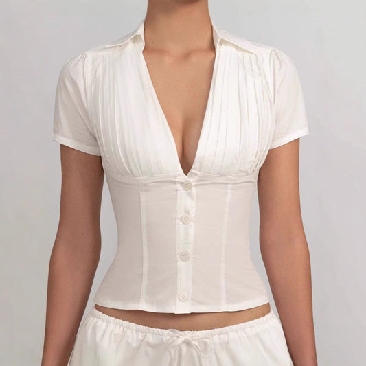 Deep V-Neck Single-Breasted Cropped Top