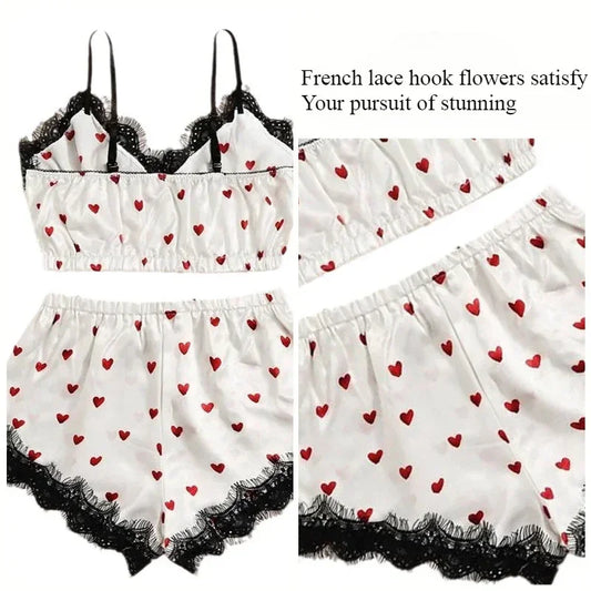 Women 2PCS/3Pcs Satin Ice Silk Pajama Set Heart Print Lace Sleeping Skirt Seamless Sexy Lingerie Homewear Pajama Short Sleepwear