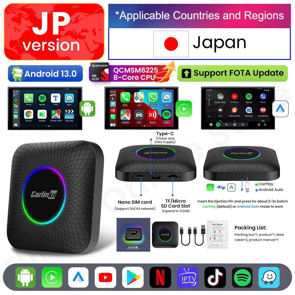 CarlinKit Android 13 Tv Box 8 Core CarPlay Android Auto Wireless Adapter Support Toyota Youtube Netfilx IPTV Spotify