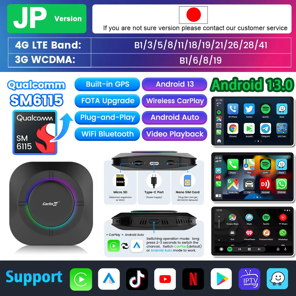 2025 Carlinkit Ai Box LED Android Wireless Carplay adapter Android 13 Qualcomm 6115 8-cores 64G Smart Tv Box For Netflix IPTV