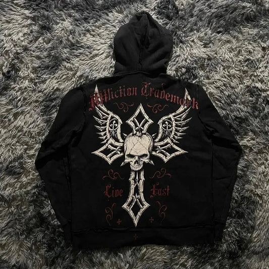 Street Hip-hop Letter Print Fashion Loose Zipper Hoodie Men Harajuku Y2K Retro Casual Versatile Oversized Sweatshirt Women
