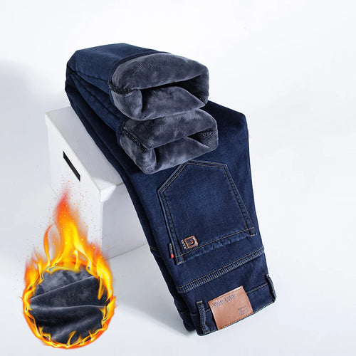 HIQOR Winter Fleece Thick Jeans Men Business Casual Straight Trousers